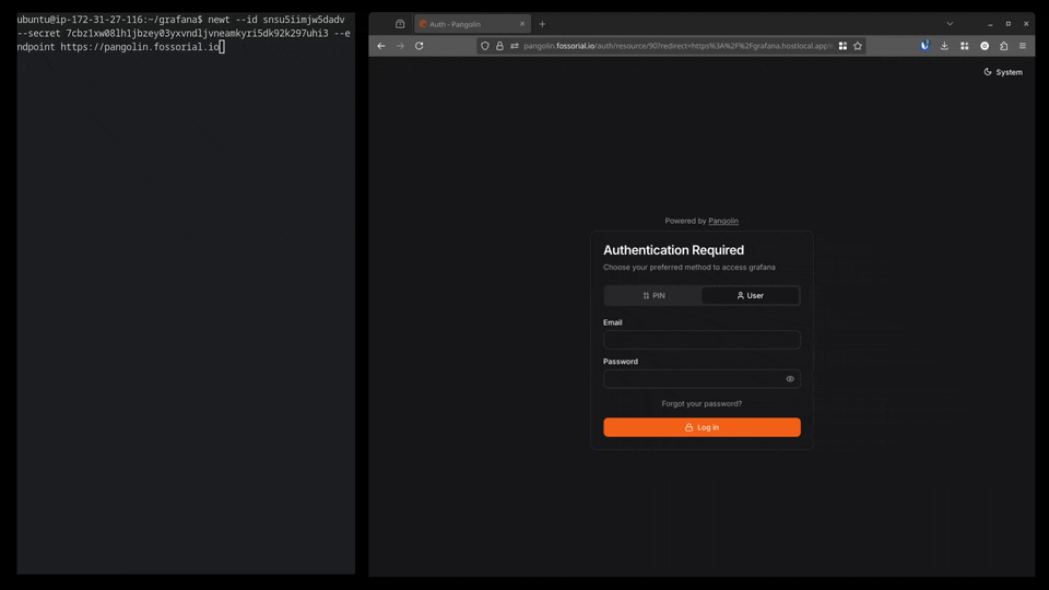 ตัวอย่างการเชื่อมต่อ site และเข้าหน้า Grafana ผ่าน Pangolin จากโครงการ